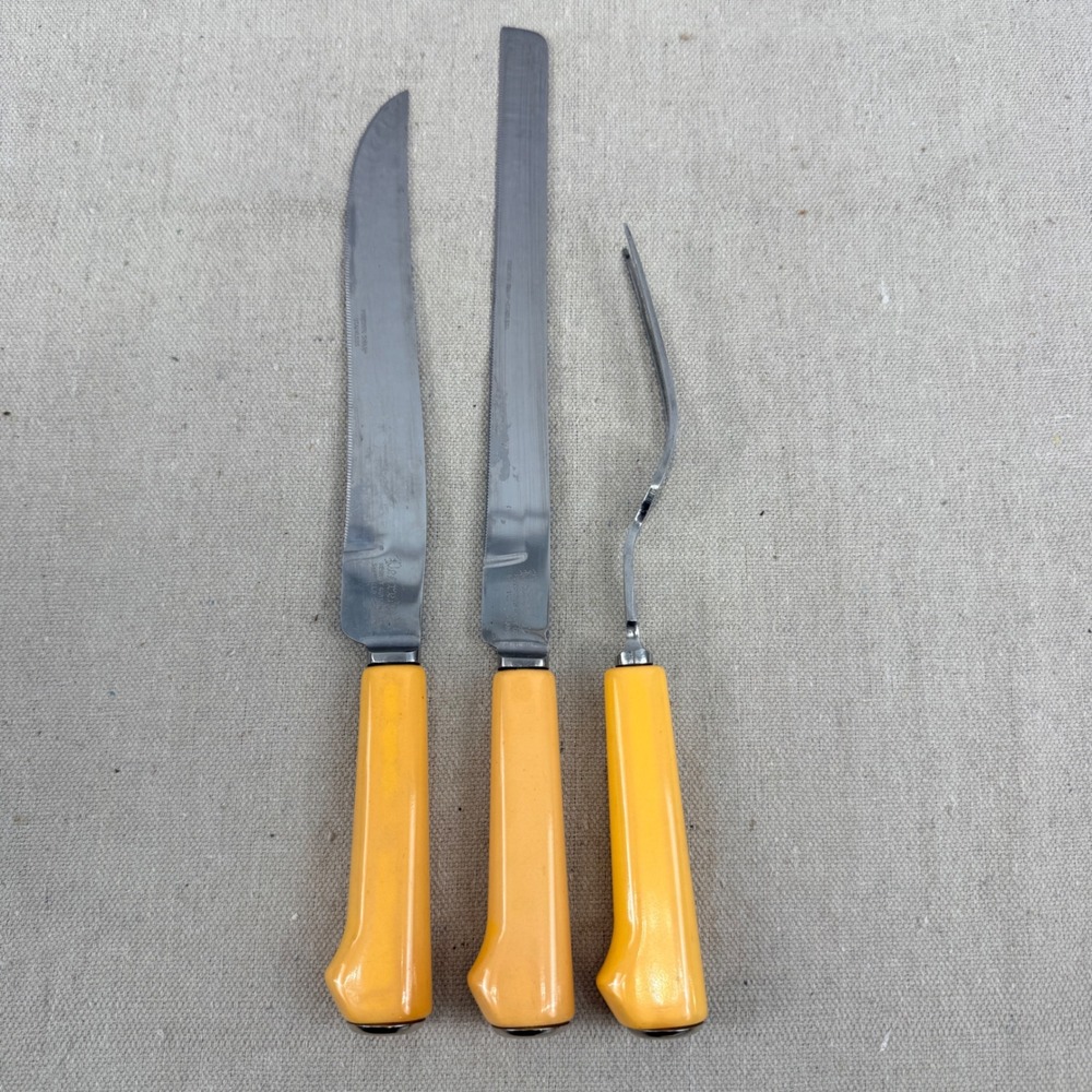 Vintage Regent Cutlery Deereedge Carving Set Sheffield England Yellow Bakelite